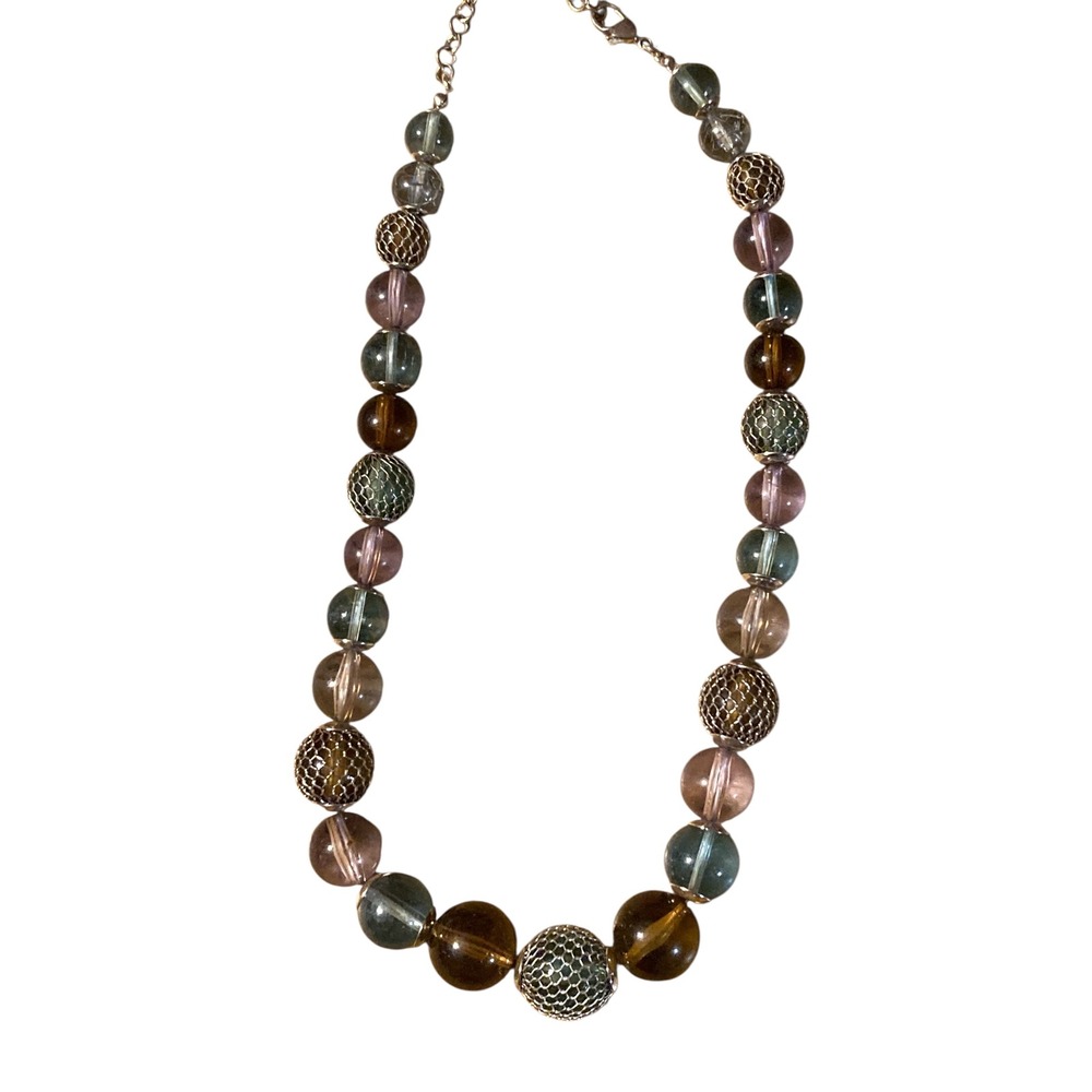 Multi Color Earth Tone Beaded Mesh Wrapped Necklace Lobster Clasp 18"‎